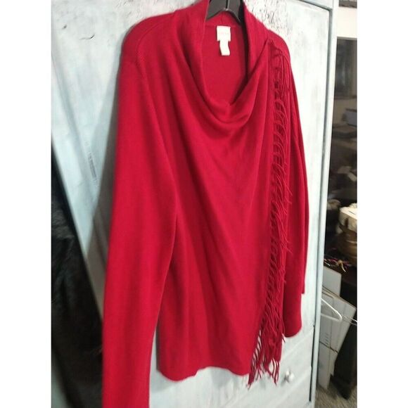 Chico's Boho Fringed Cowl Neck Long Sleeve Top Size 2 Red - Picture 3 of 10